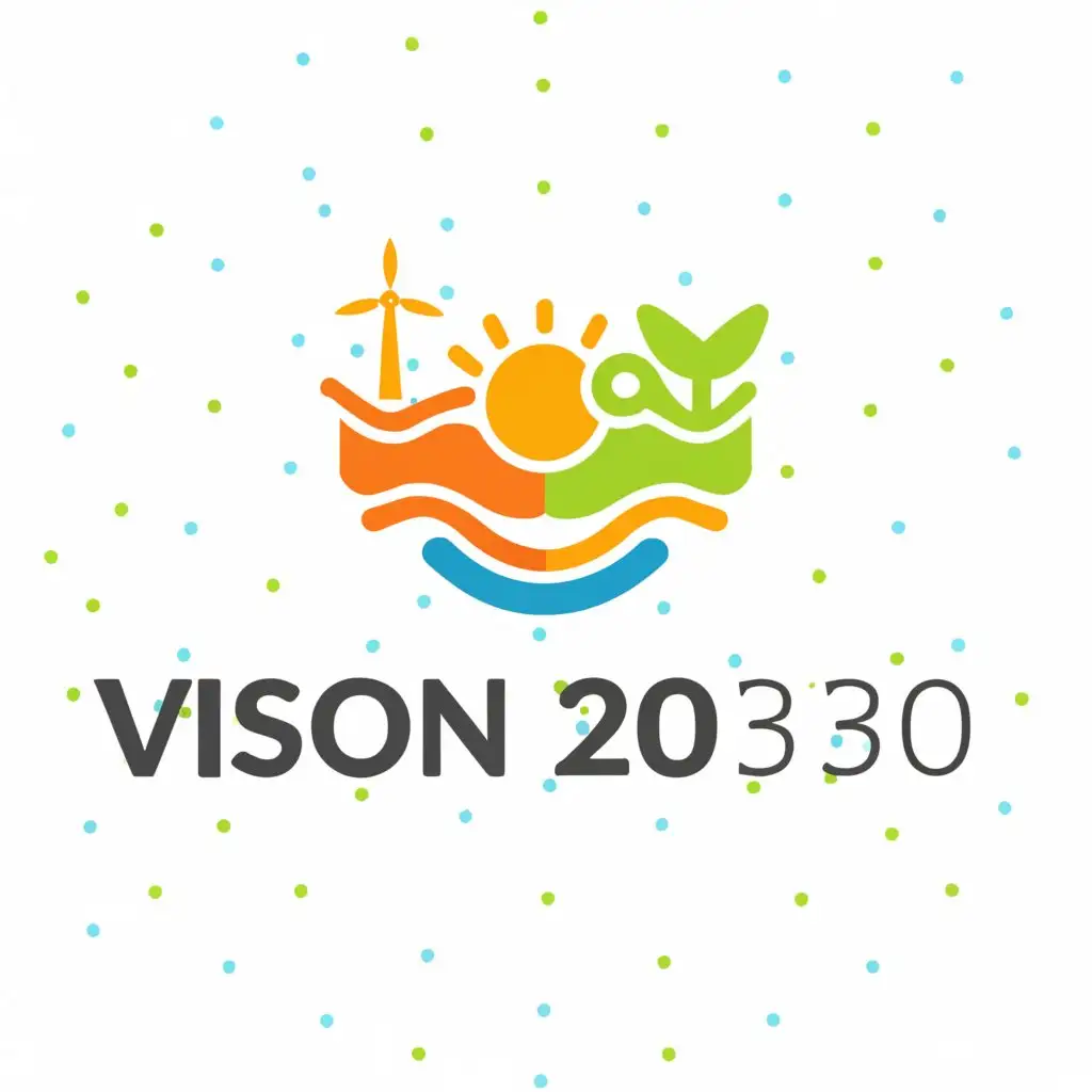 a logo design,with the text "Vision 2030", main symbol:sun, wind, water,Moderate,be used in Nonprofit industry,clear background