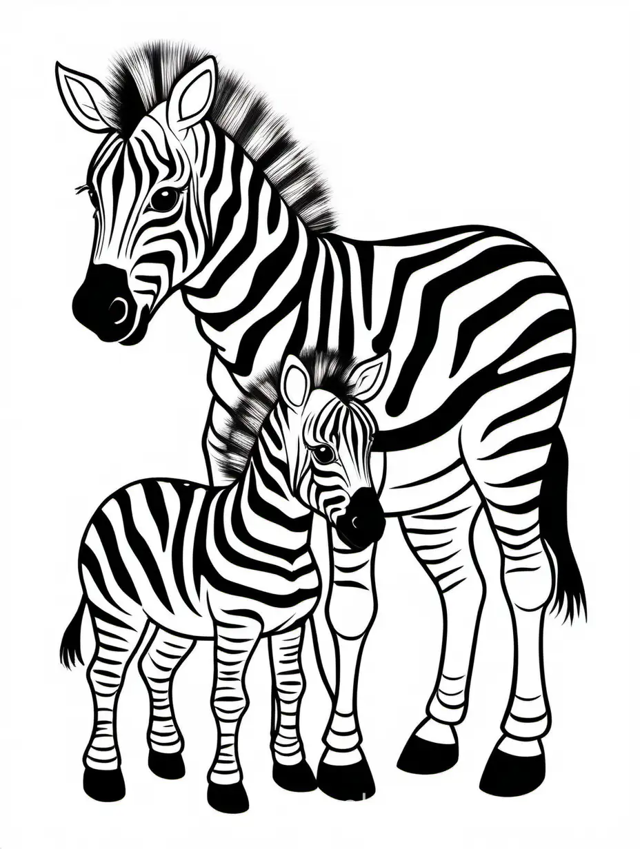 cute   Zebra Foal  with his baby for kids  easy to coloring, Coloring Page, black and white, line art, white background, Simplicity, Ample White Space. The background of the coloring page is plain white to make it easy for young children to color within the lines. The outlines of all the subjects are easy to distinguish, making it simple for kids to color without too much difficulty