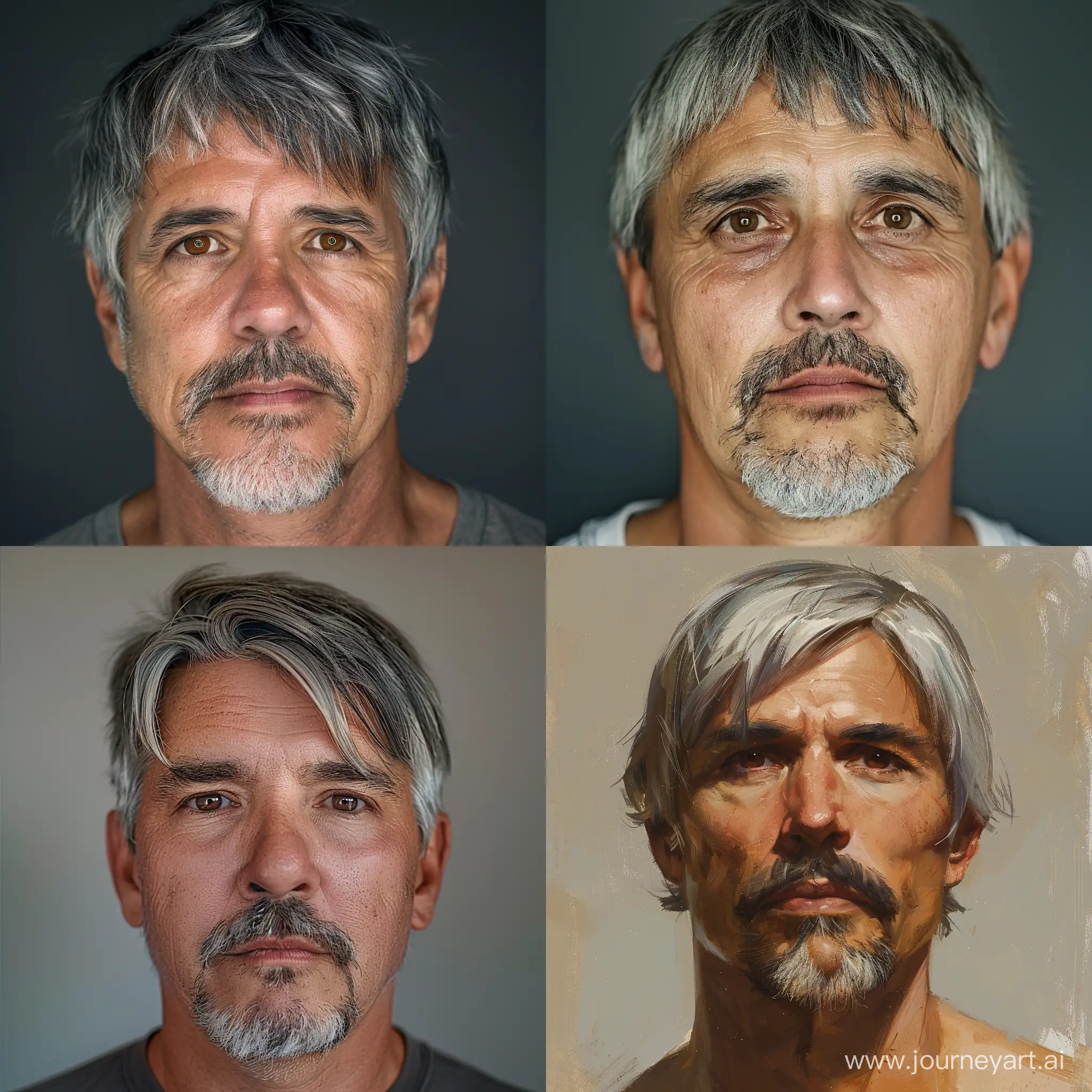 Do a human portrait.
Male 55-60 years old. Gray hair. Bangs down-right Straight forehead. Brown eyes deeply planted. Nose with humpback. Square chin. Goatee.
