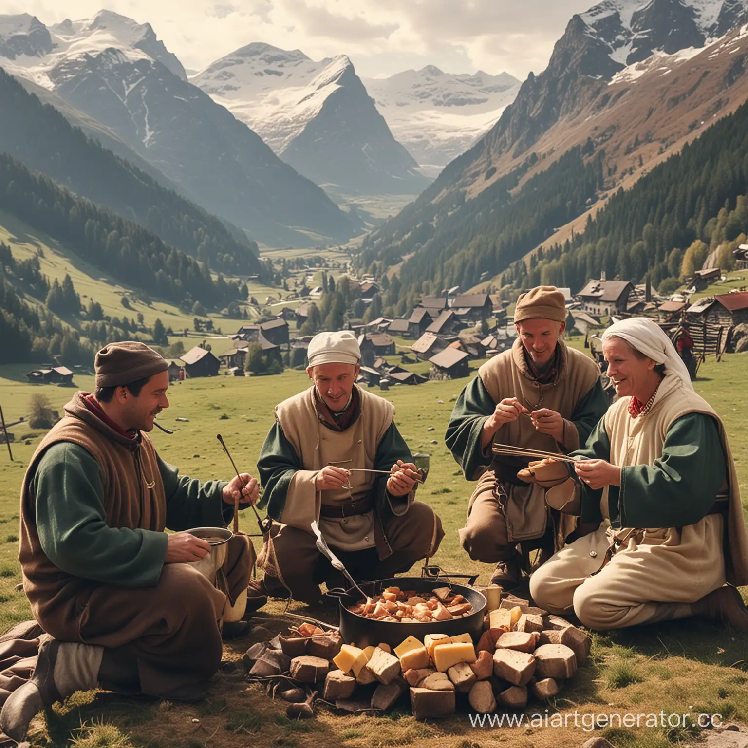 Shepherds-Enjoying-Fondue-Amidst-Majestic-Mountain-Landscape