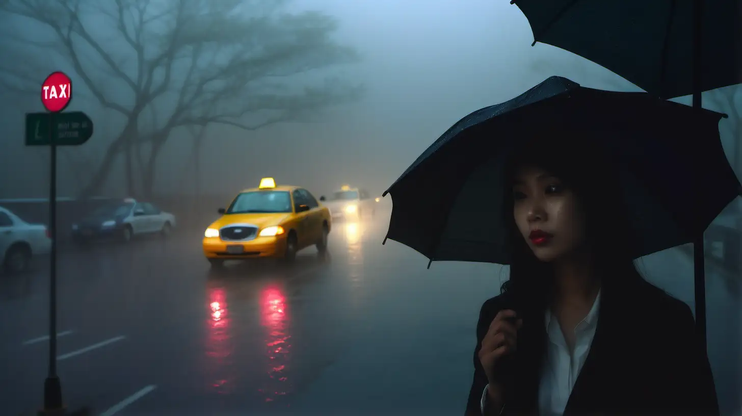 Rainy Taxi Stop Elegant Women with Hats Waiting in Soft Light and Dense Fog