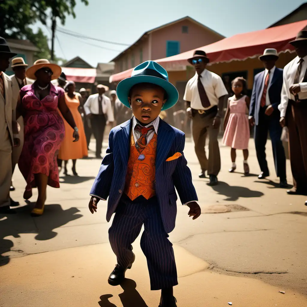 The village square is filled with vibrant hues as the residents engage in ridiculous contests. Baby Ananse, Dressed as an American gangster in his clever disguise, maneuvers through the chaos under the bright midday sun, casting playful shadows.