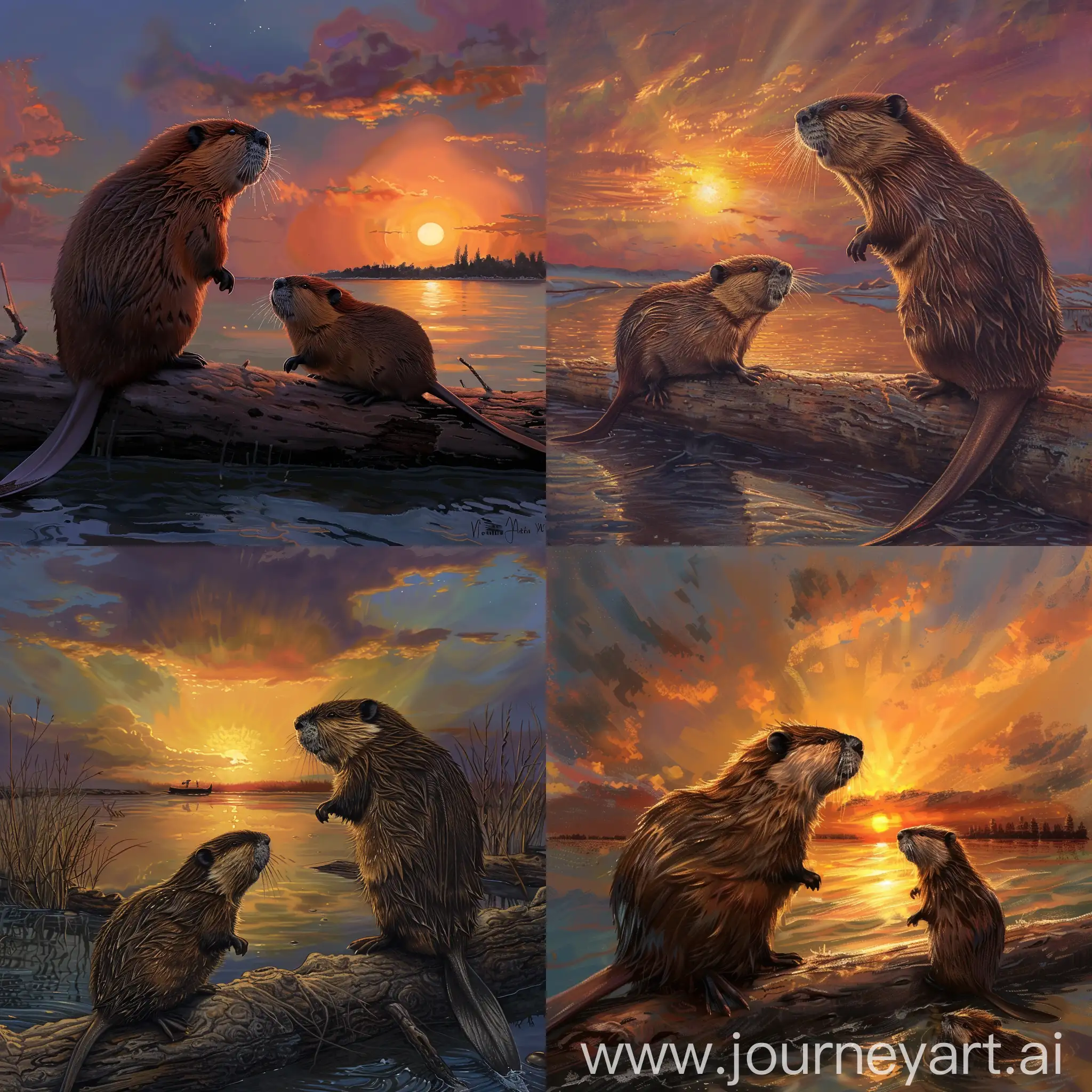 the beaver stands with his back to the viewer, on a log in the water, looking at the sunset, and next to him stands a second beaver, half sideways to the viewer, who is looking at the first beaver