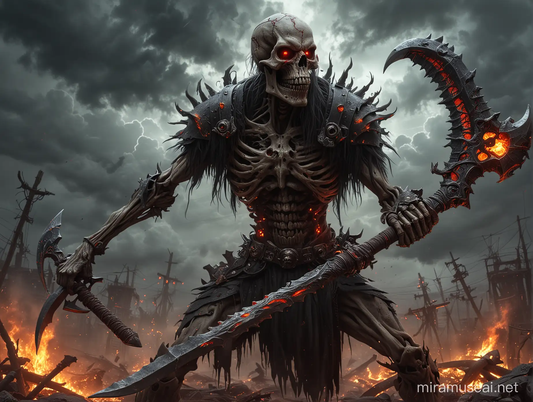 Abomination of Desolation , fantasy art, digital painting, a massive skeletal horrifying terrifying creature, extreme detail, holding a double blade battle axe, red eyes in the skull, flames, hyperrealism, beautiful, ominous apocalyptic storm brewing, serene, mysterious, ominous, vibrant colors, photorealistic, colorful, surrealism, unreal engine, deviantart