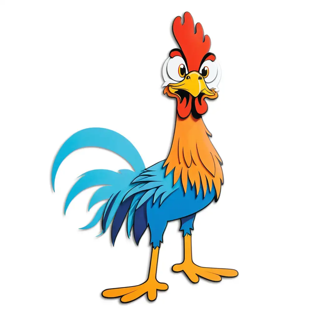 die cut sticker, crazy rooster with crazy eyes, black border outline around rooster, white background