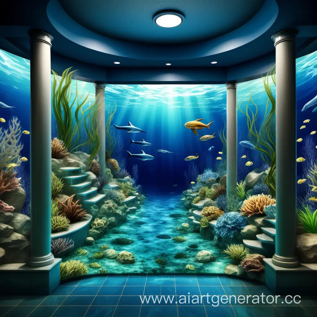 Изобразите окружение Океана Миллера вокруг спа-центра. Используйте глубокие оттенки синего и зеленого, создавая реалистичные водные текстуры. Включите изображения морских существ и водных растений, чтобы подчеркнуть богатство подводного мира.
