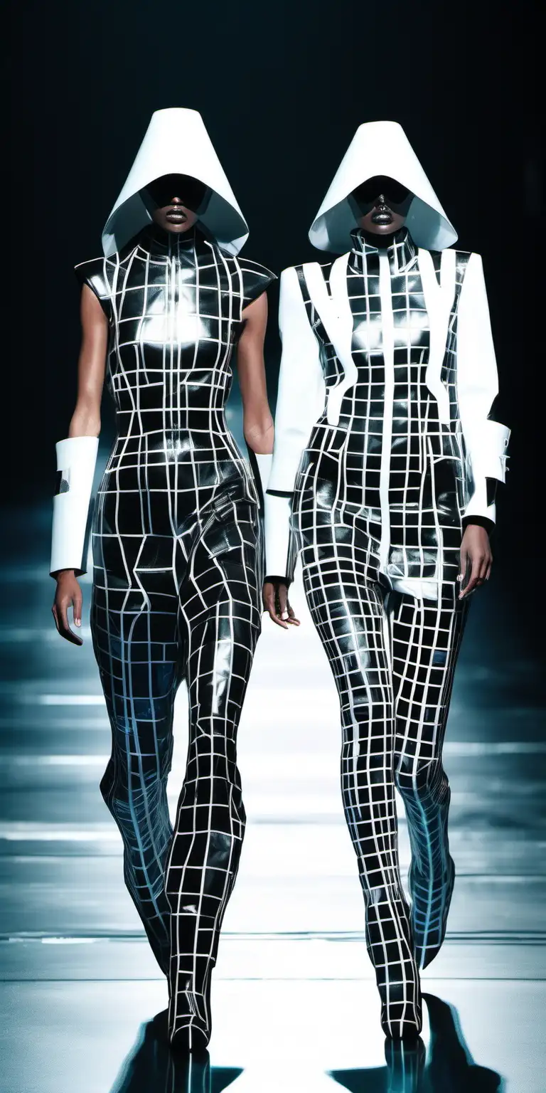 fancy abstract futuristic outfits on on dark runway