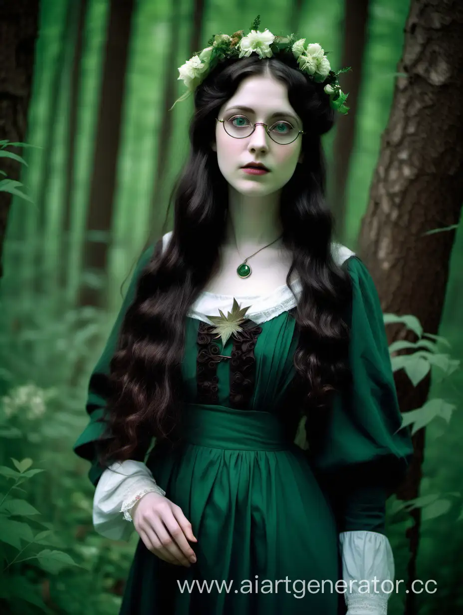 Enchanting-Mordvin-Witch-in-Edwardian-Green-Dress-Amidst-Forest-Flowers