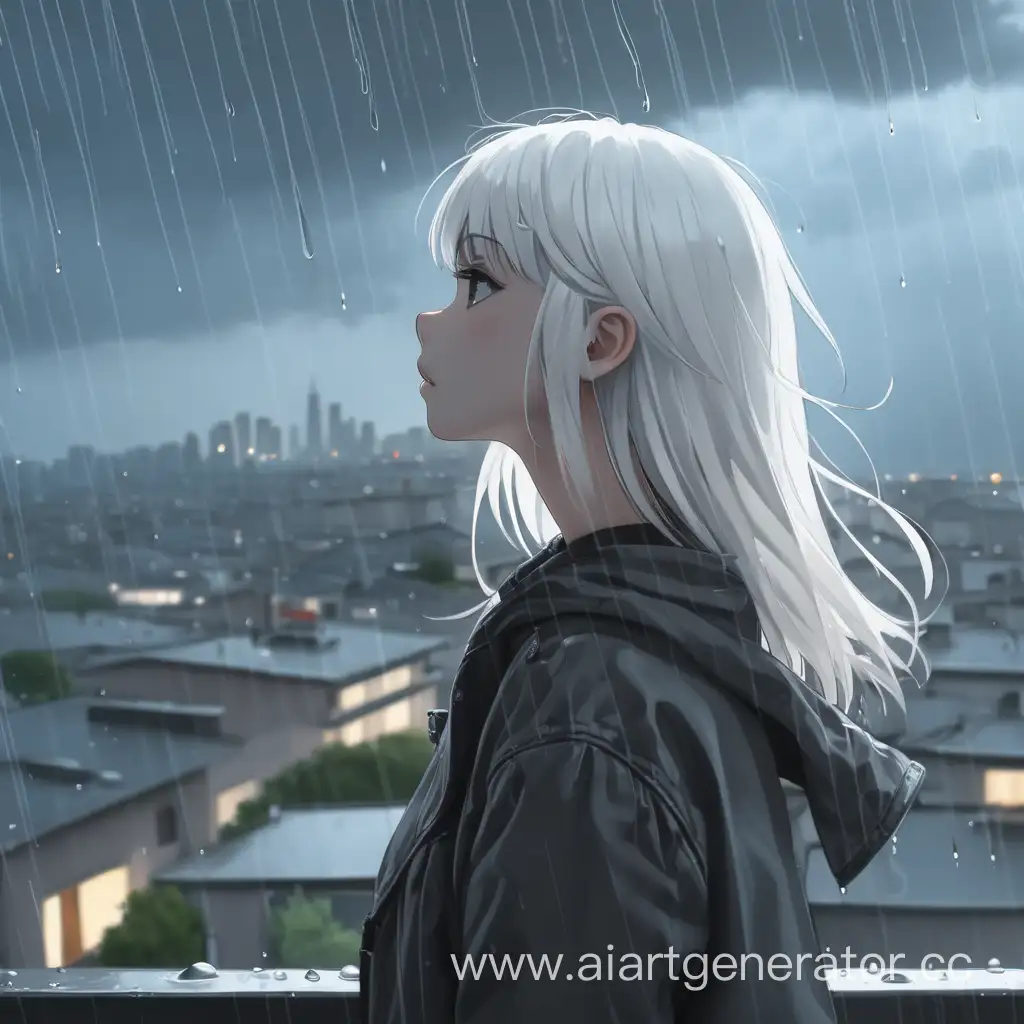 девушка город дождь белые волосы небо
