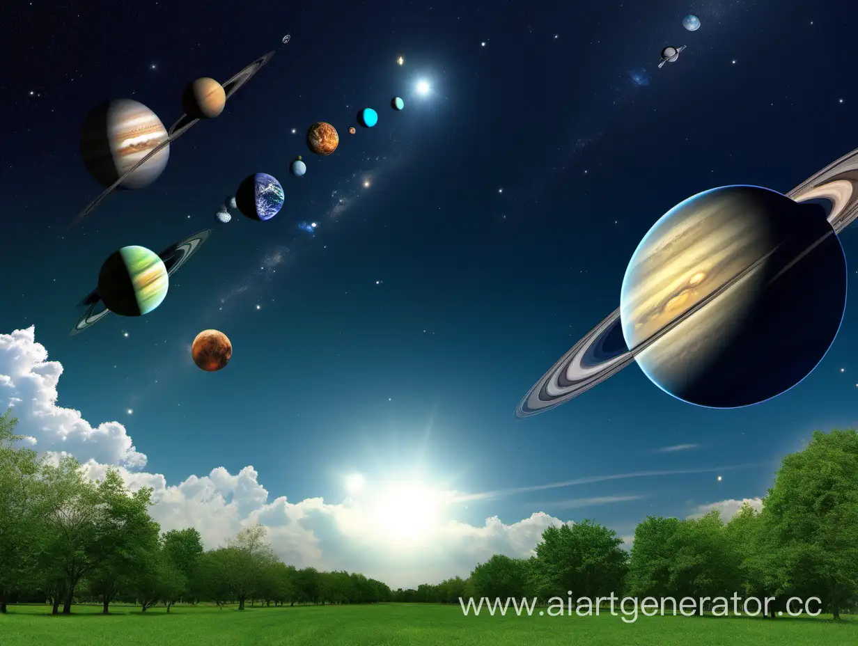 На голубом небе с зеленой земли видно сразу все планеты солнечной системы
