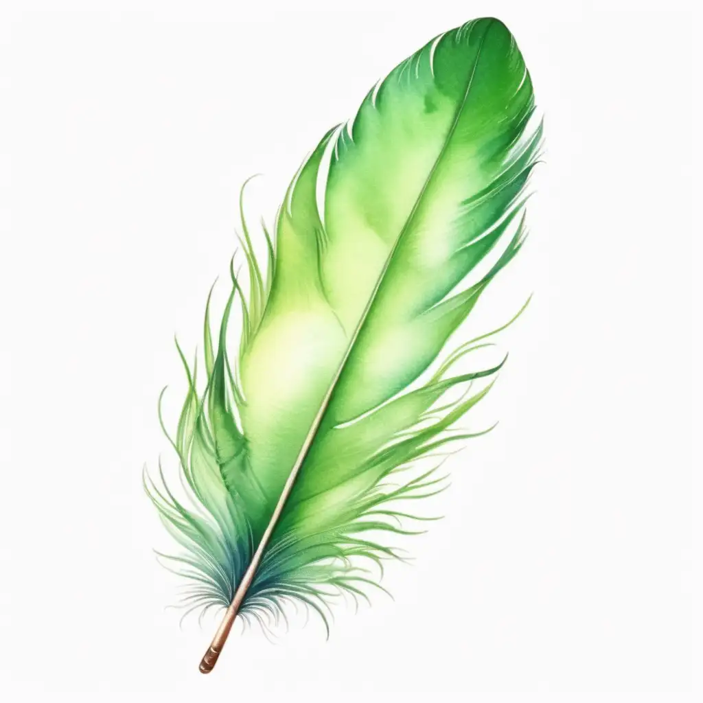 Vibrant Watercolor Drawing of a Single Bright Green Feather
