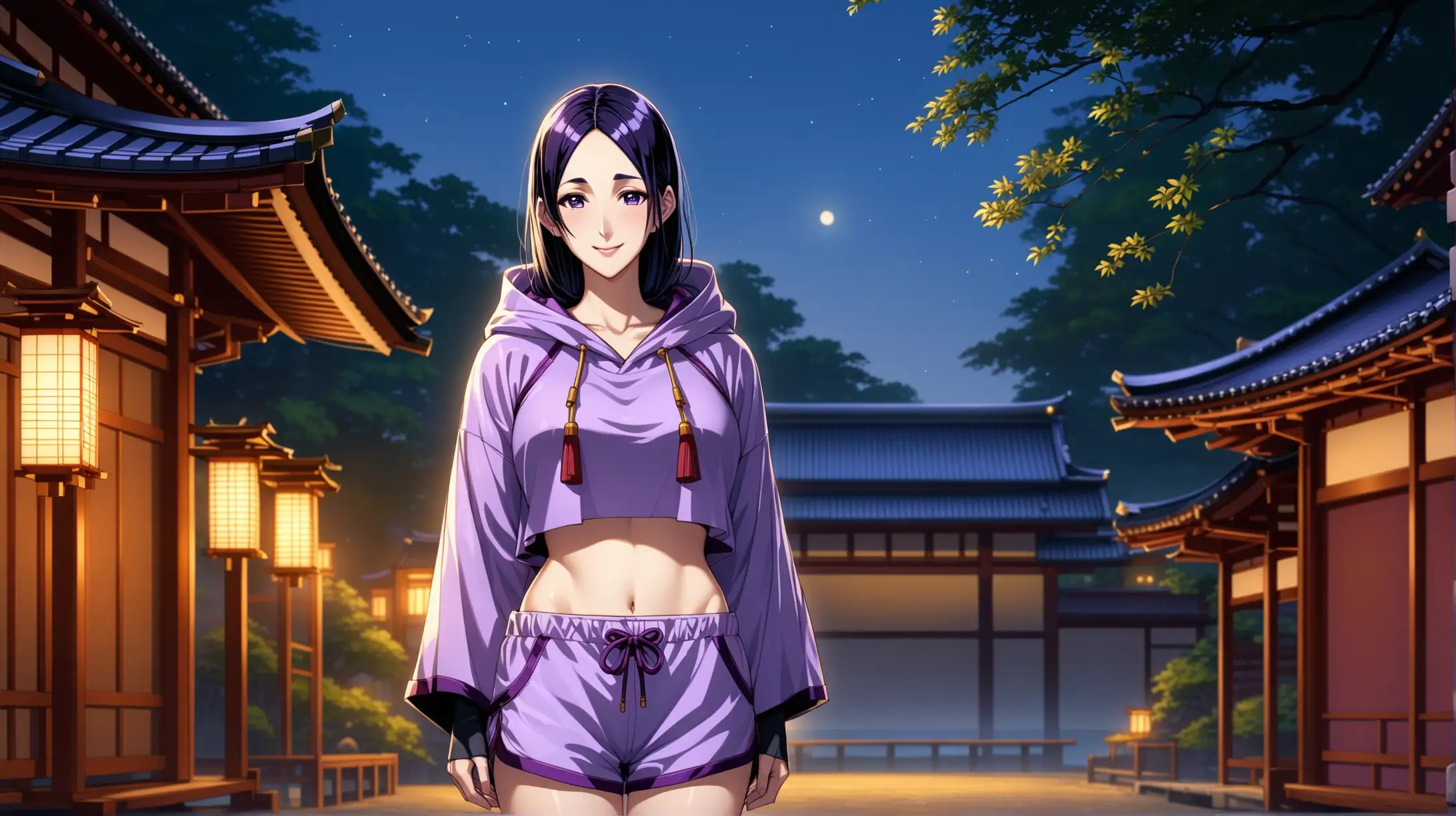 Draw the character Minamoto no Raikou, high quality, dim lighting, long shot, outdoors, standing, relaxed pose, shorts and a hooded jacket showing midriff, smiling