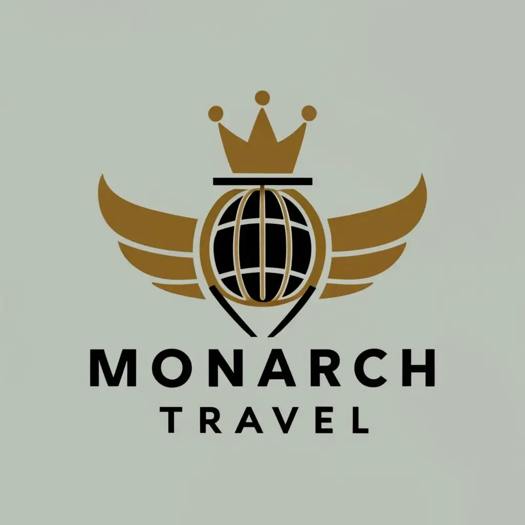 logo, a crown, wings, The globe, golden, business, ptiority, with the text "Monarch Travel", typography, be used in Travel industry