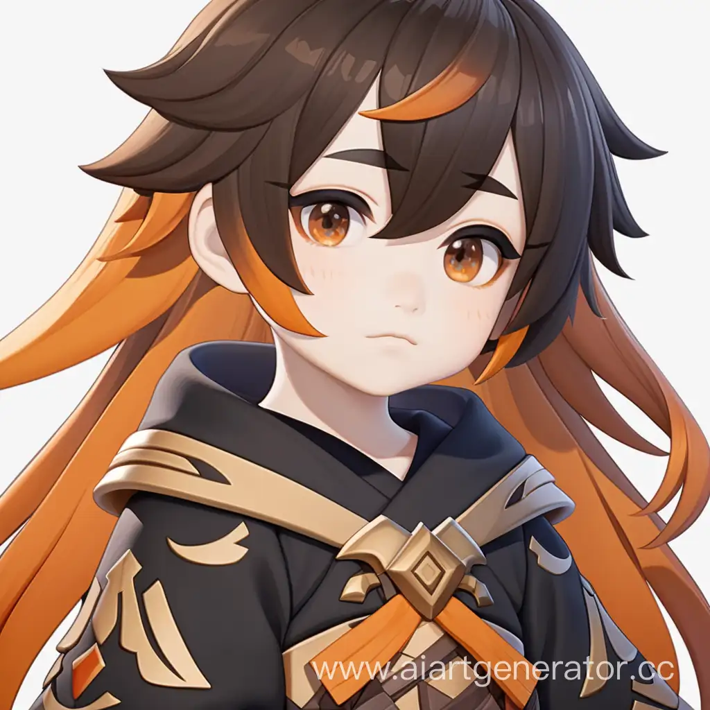 Genshin child with gradient hair from dark orange to black