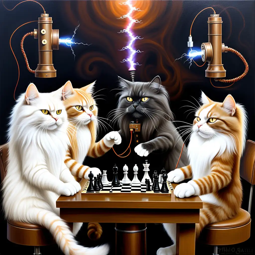 Whimsical Steampunk Cat Chess Match in an Electric Laboratory