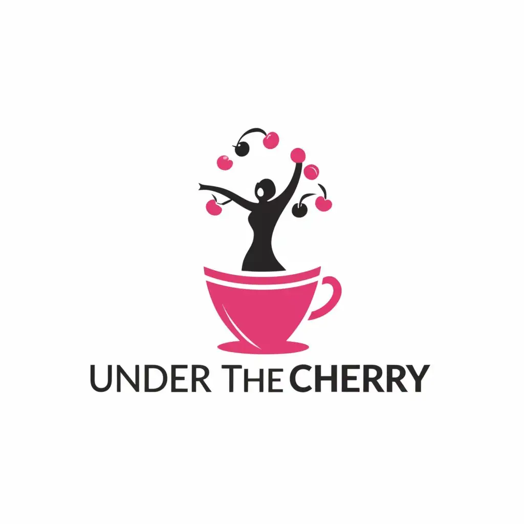 a logo design,with the text ""UNDER THE CHERRY TREE"", main symbol:DESIGN a logo as if you were a designer and make a symbol that integrates in a simplified way a cherry tree with a cup of coffee and a person drinking in pink and black. The title is "Under the cherry tree",Minimalistic,be used in Restaurant industry,clear background