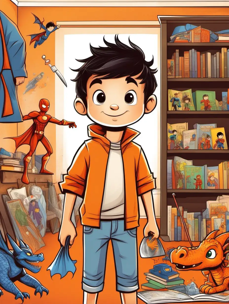 Neat and Tidy Illustration of Boy Max Cleaning His Vibrant Orange Room with Superhero and Dragon Decor