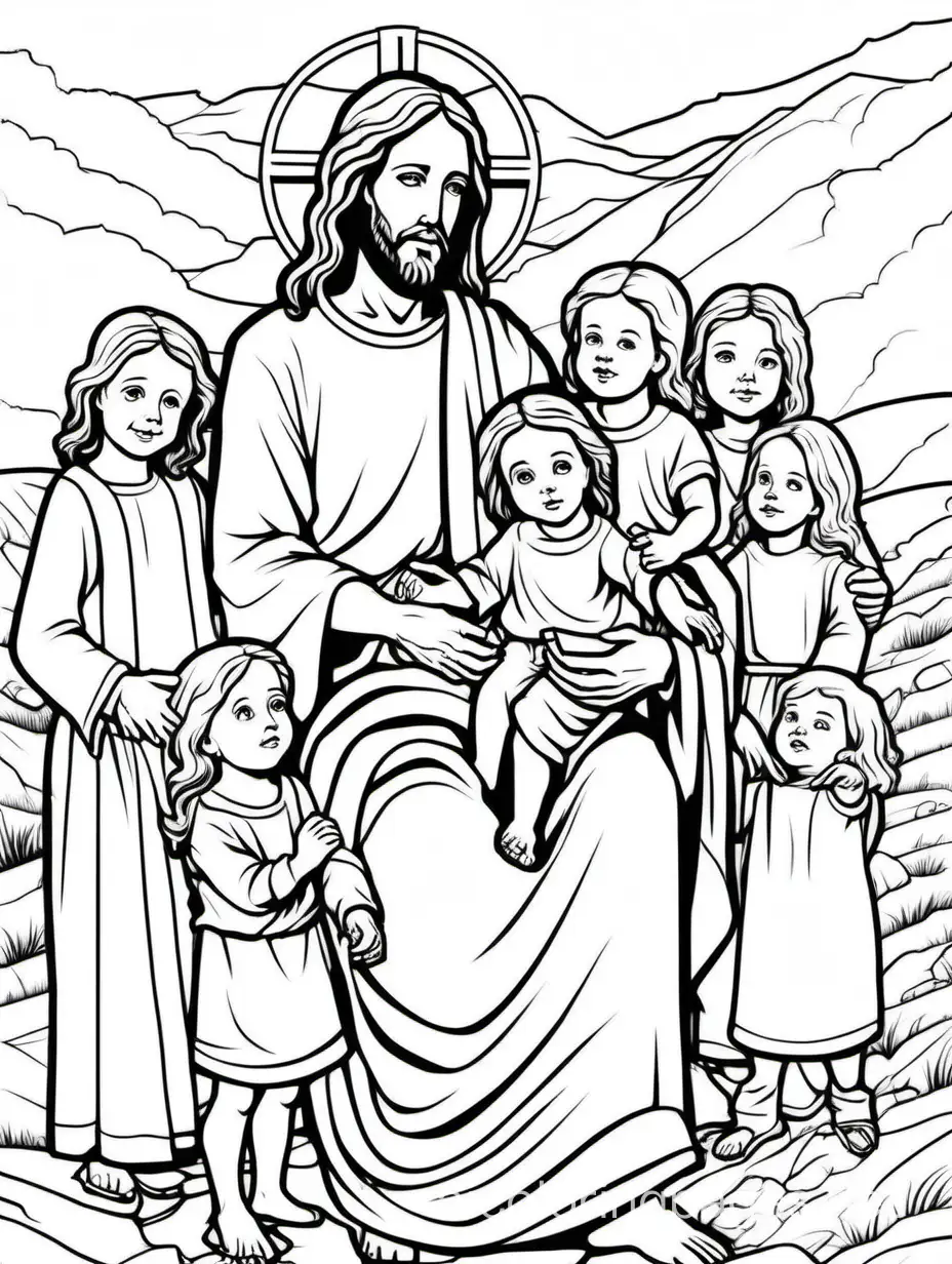 Jesus with little children, Coloring Page, black and white, line art, white background, Simplicity, Ample White Space. The background of the coloring page is plain white to make it easy for young children to color within the lines. The outlines of all the subjects are easy to distinguish, making it simple for kids to color without too much difficulty