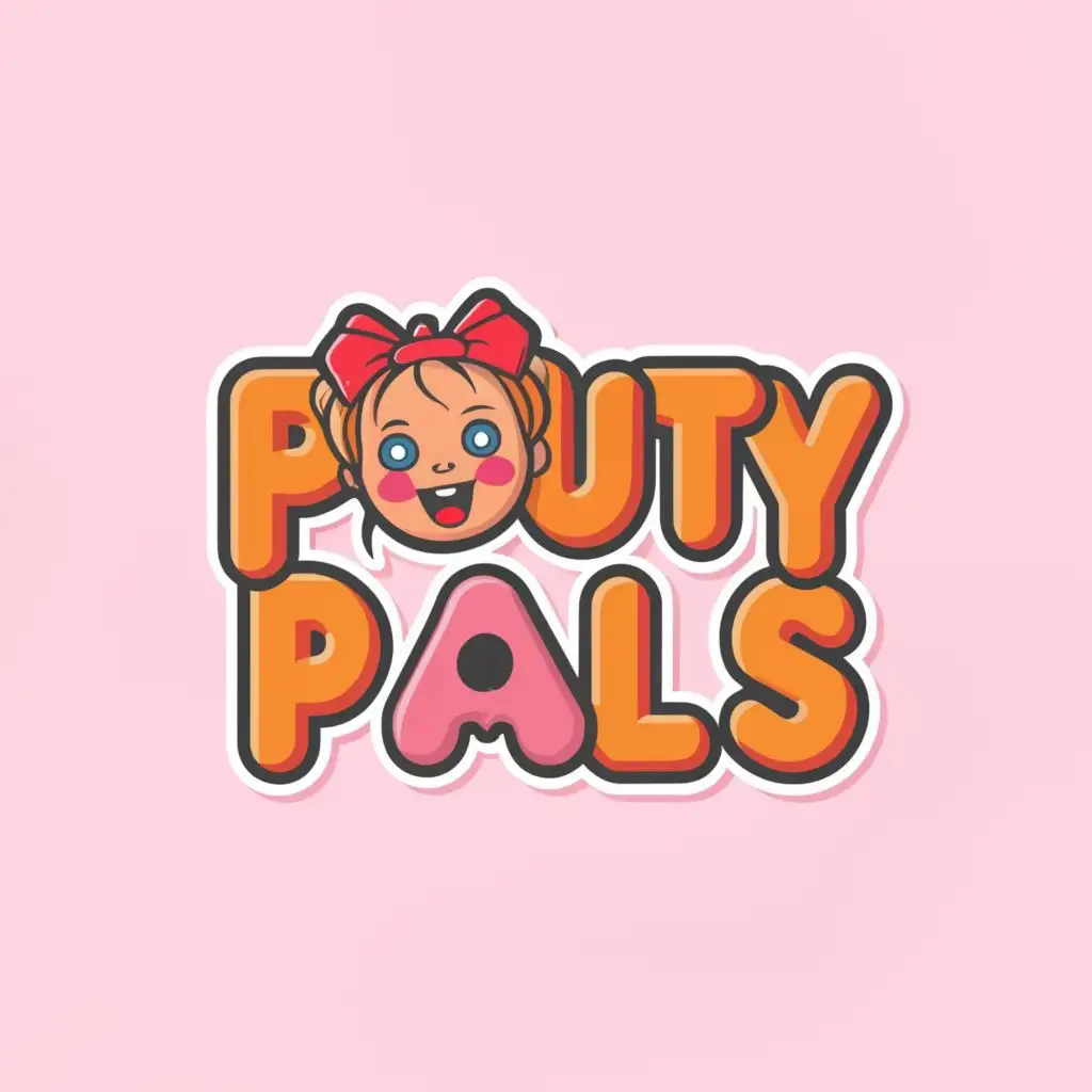 a logo design,with the text "Pouty Pals", main symbol:Cartoon Style Smiling Doll,Moderate,clear background