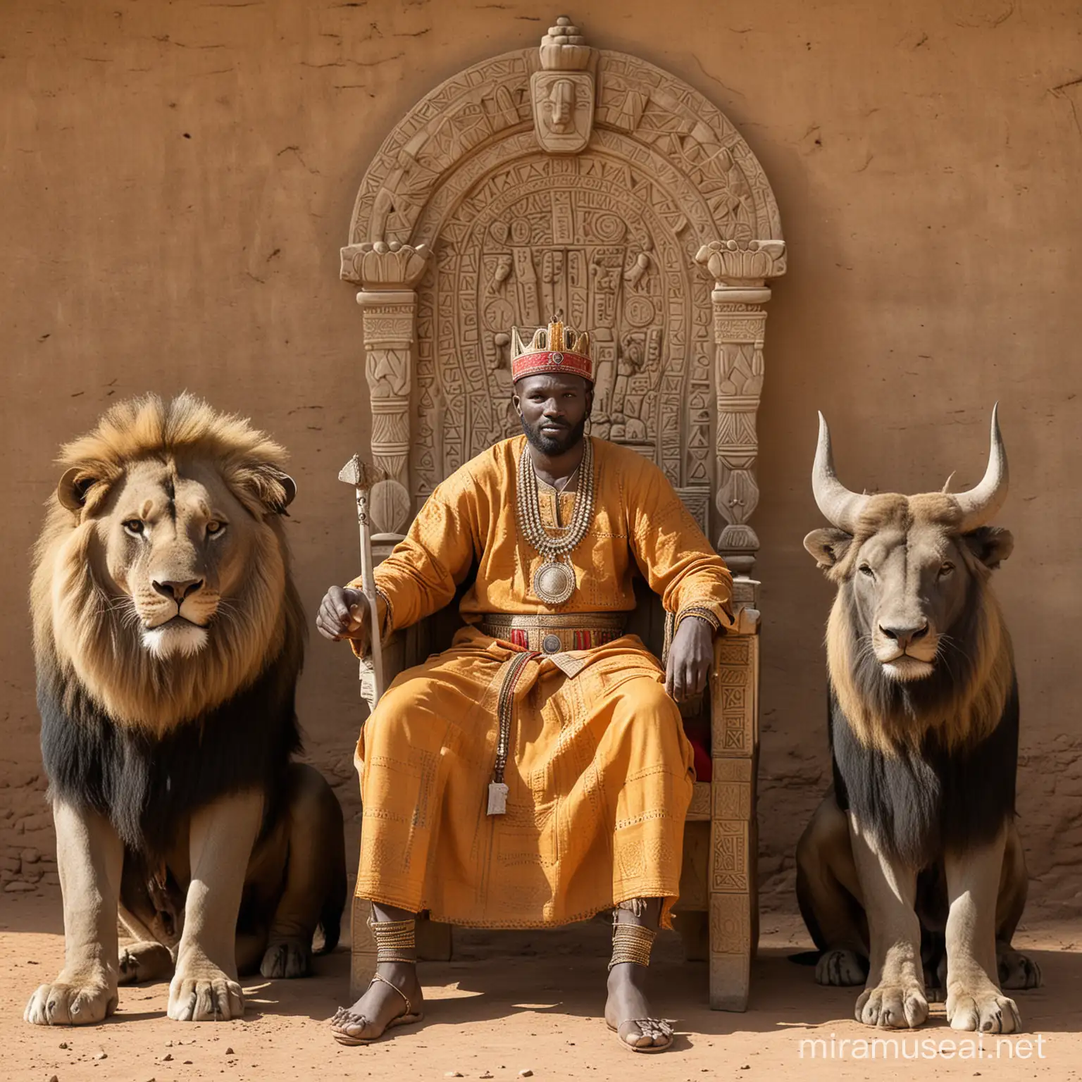 King of Mali sitting on throne in between a lion and an buffalo. 
