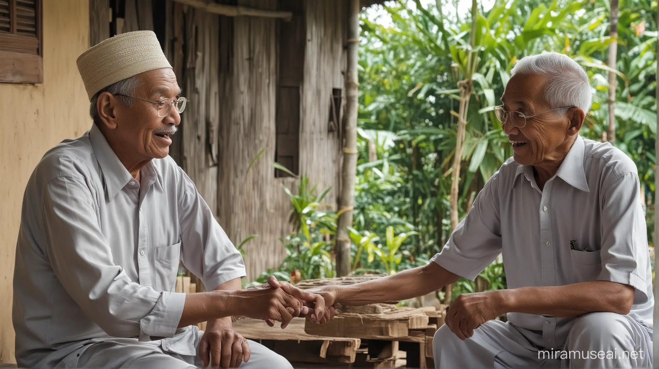  two malay old men chatting at village
home