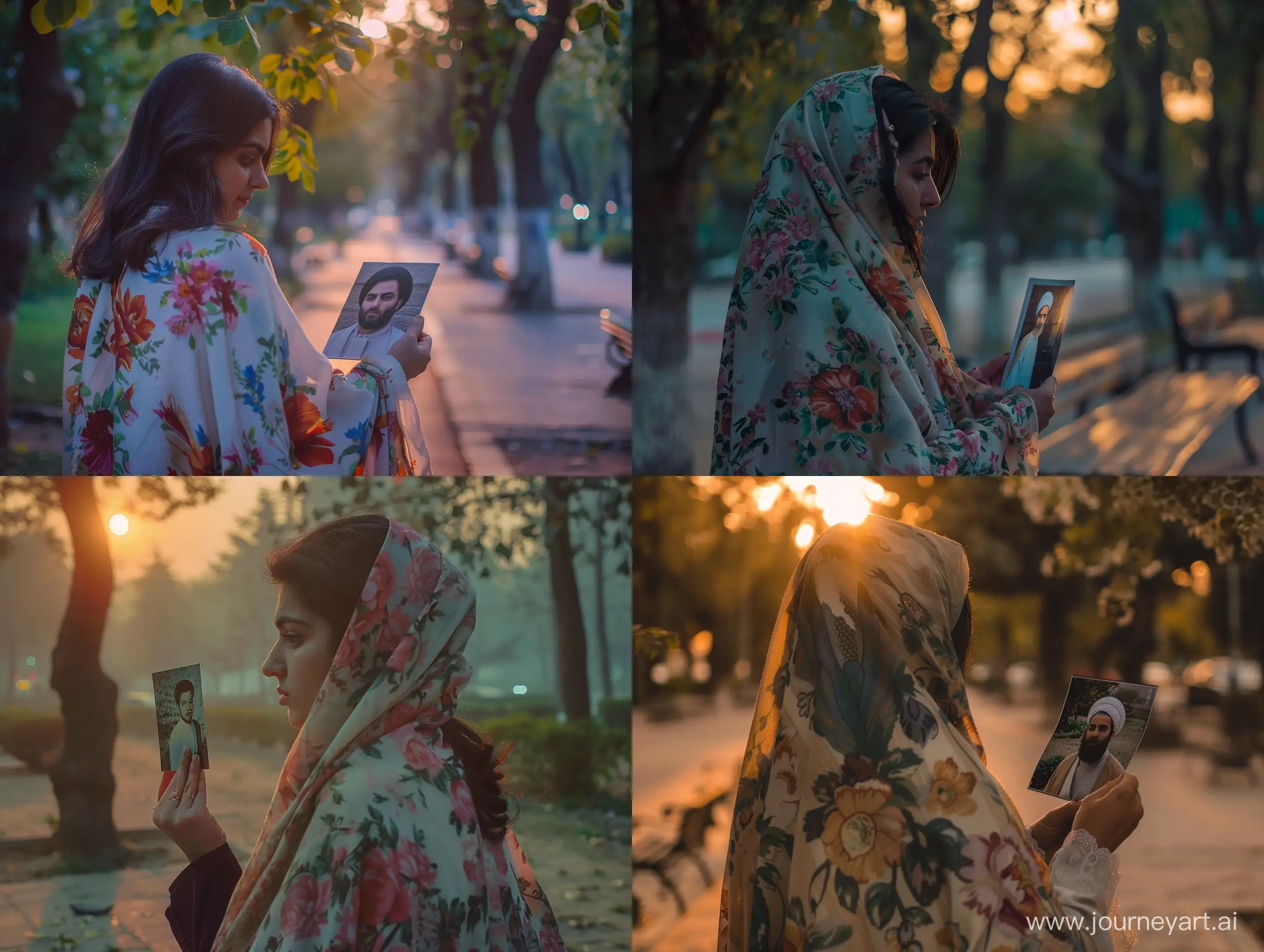 Una joven irani musulmana, 33 años de edad, no se ve su pelo, con chal de flores, con foto de Ibrahim Hadi en la mano, mirando a la foto, en un parque, en el amanecer