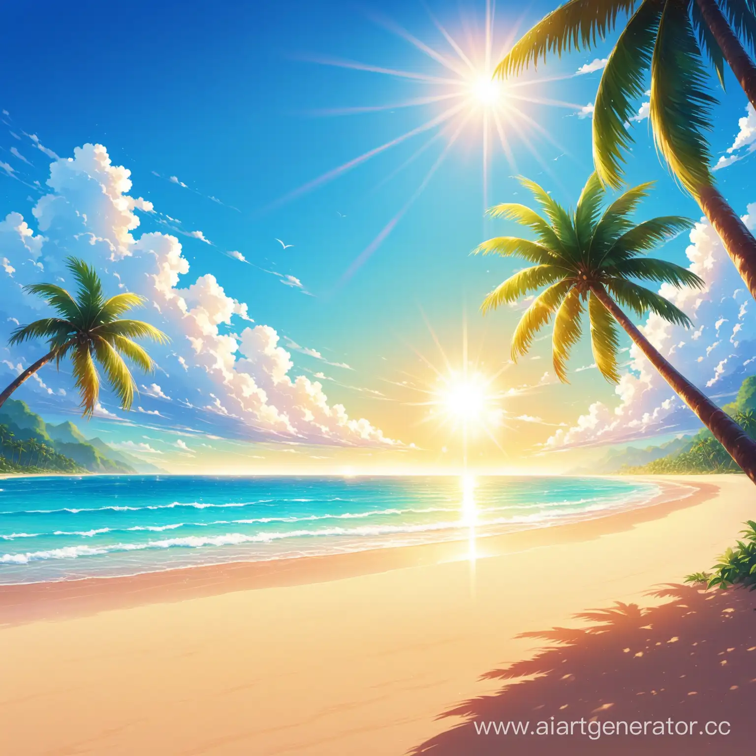 Tropical-Paradise-Vivid-Beach-Scene-with-Palm-Trees-and-Radiant-Sun