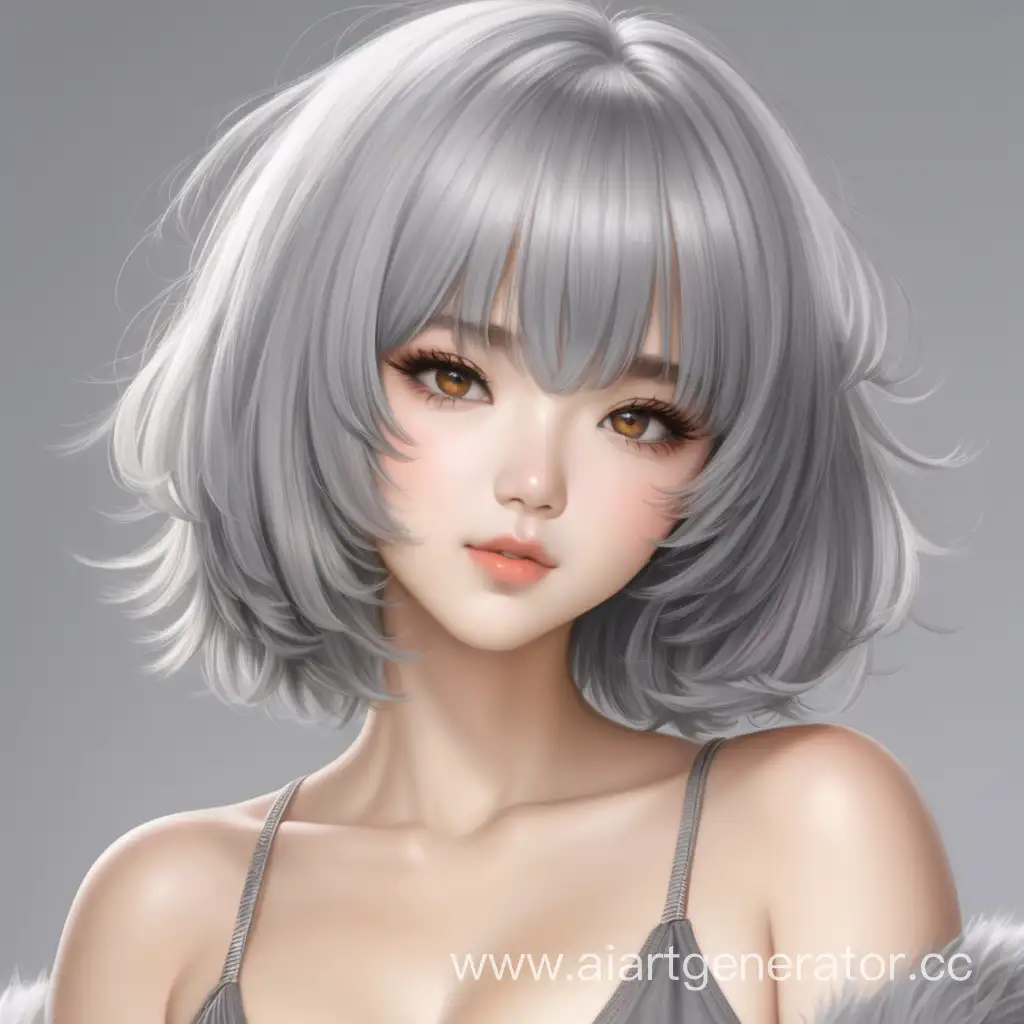 gray hair fluffy and soft hair, the length of which is up to the middle of the neck, untrimmed bangs that there are front strands that reach the lips, thick and long black eyelashes, honey-colored eyes, snub nose, mole under the lip on the left side, sexy cute and attractive appearance, lush breasts, narrow waist and large hips