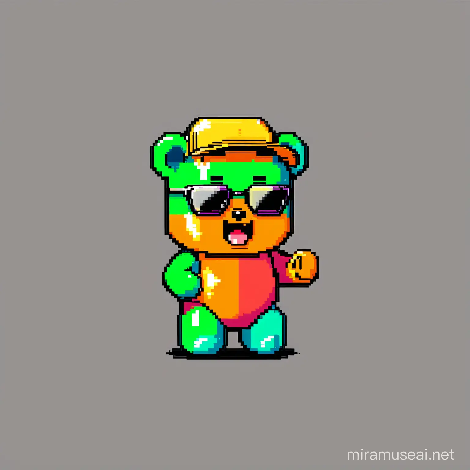 Funny and raandom colored 8 Bit solo gummy bear Mascot for Crypto Meme Token. Random accessories like cap or sunglasses