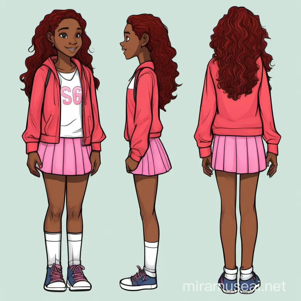 Character illustration, character standing, legs, hands,Your Story Character’s Name & Short Description
Caandice Peyton (she goes by "Strawberry")
She is very optimistic. She is 16 years old. She is an introvert, but she opens up to people she loves. She
has a teleportation ability. She is the most adored teenager in her community.
Character's Gender Female
Character's Age 16
Character's Ethnicity American
Character's Skin Color fair
Character's Hair Color black
Character's Hair Style long wavy
Character's Eye Color blue
Character's Clothing long sleeve red top with a pink skirt
Any Special Features? blushy cheeks