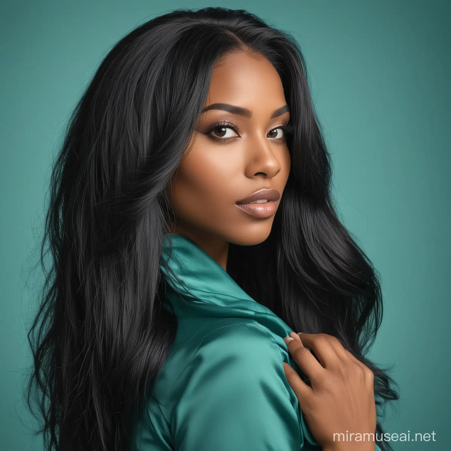beautiful black woman with long black silky hair in a teal background