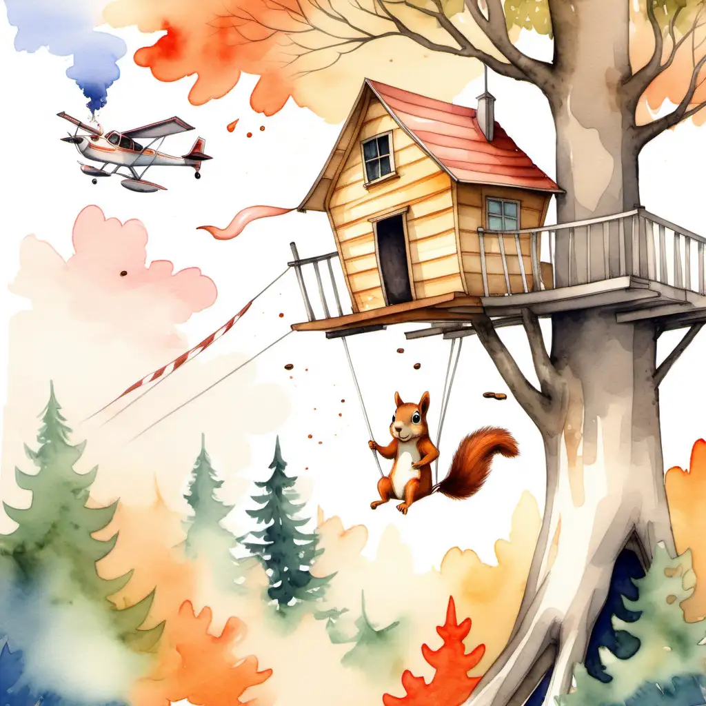 A sailplane crashed into a treehouse. Squirrel cries. Watercolour style, warm colours. 