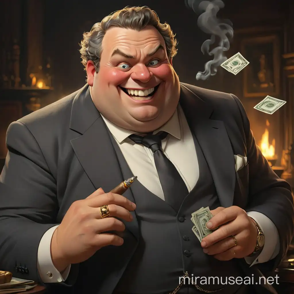 Modern Millionaire Obese Debonair and Lavish with Cigar and Overflowing Bills in Rembrandt Chiaroscuro Style