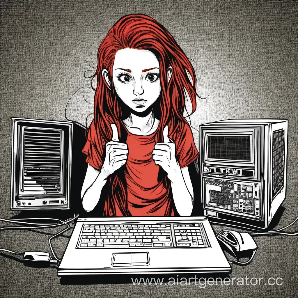 Рыжая девушка с шумным компьютером