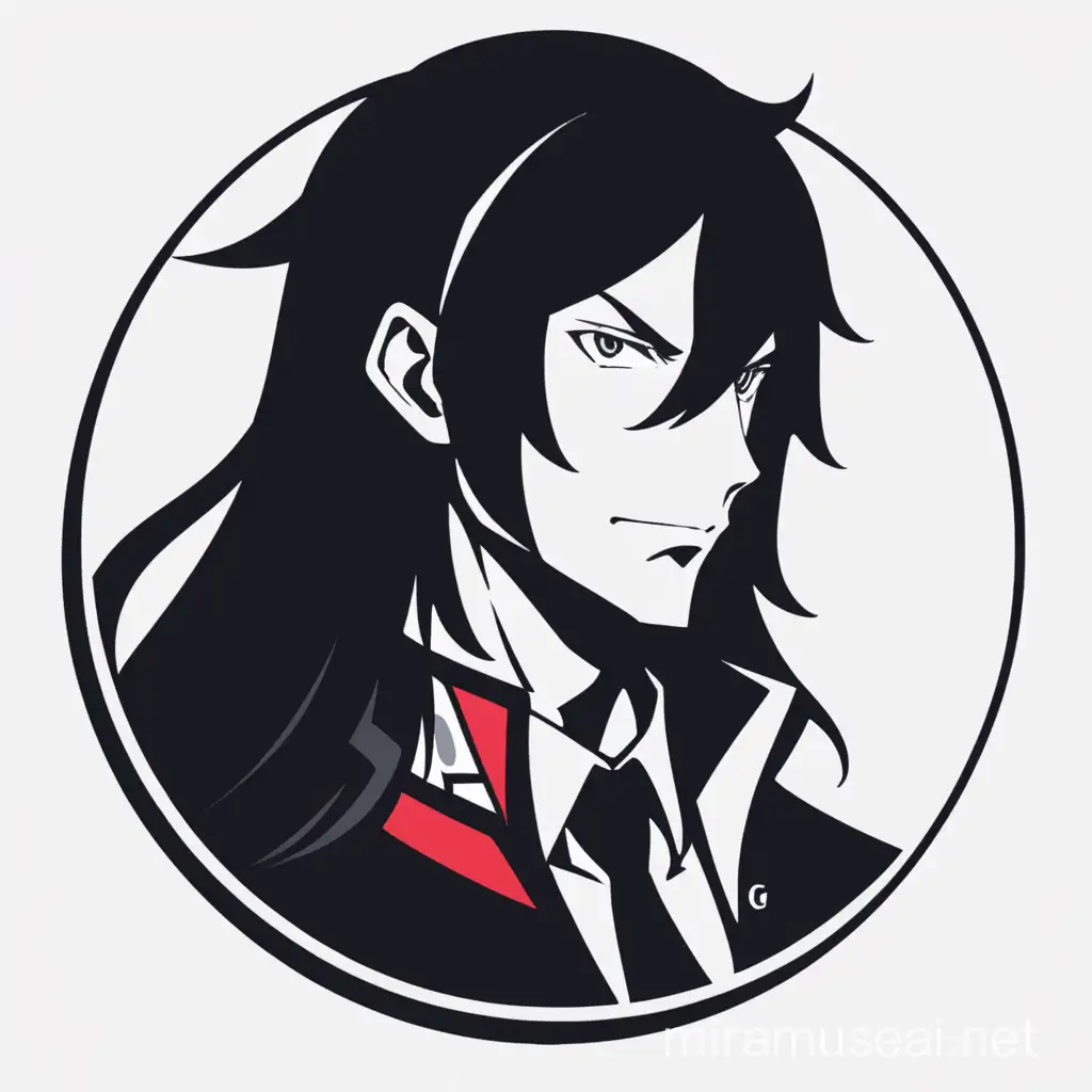 Circular logo, minimalistic mature male head, long hair, artstyle is mixture of Nippon Ichi Software and Persona 5