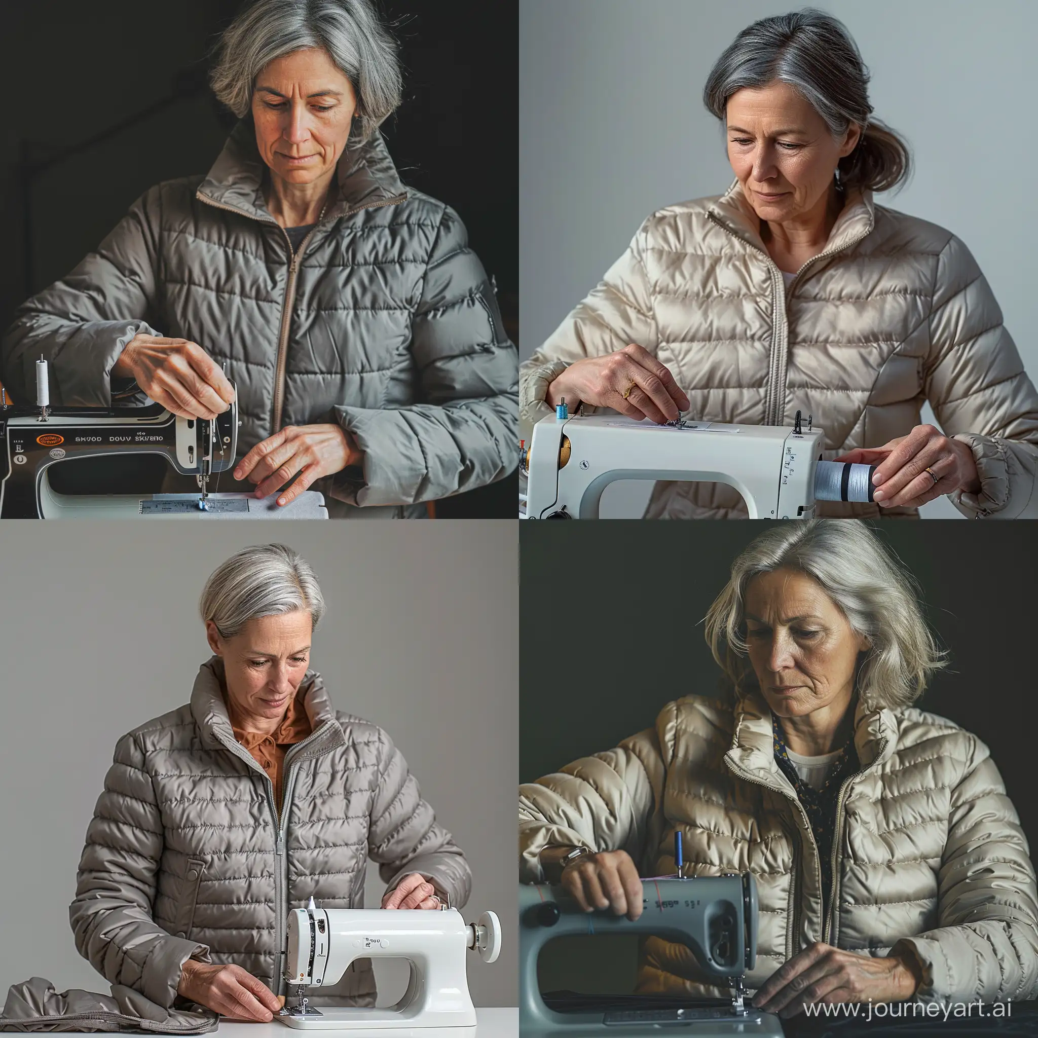 生成一张中年女人正在用缝纫机做羽绒服的照片