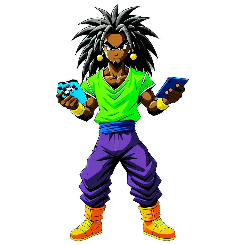 Powerful-Black-Man-with-Long-Dreadlocks-Holding-PS4-Controller-Dragon-Ball-Z-Style-PNG-Image
