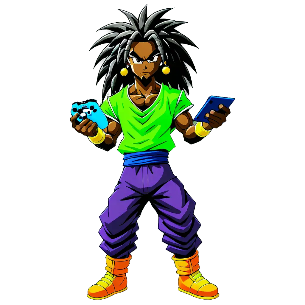 In the style of dragon Ball z anime, create a powerful black man with long dreadlocks holding a PS4 controller for his clothes only use the  colors of neon green metallic purple black and grey for his clothes with a powerful aura around him with the same colors 