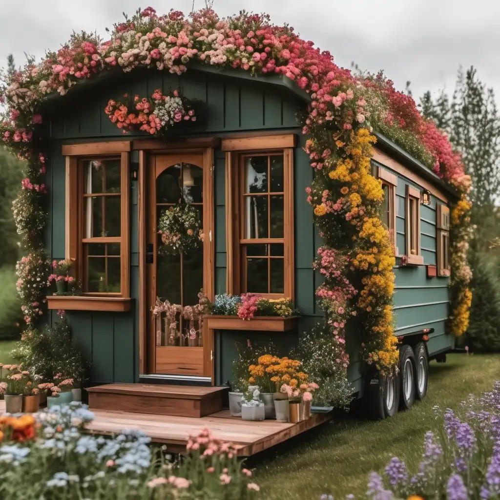 Enchanting Tiny House with Flowers Captivating 8K Photography of a Charming Dwelling