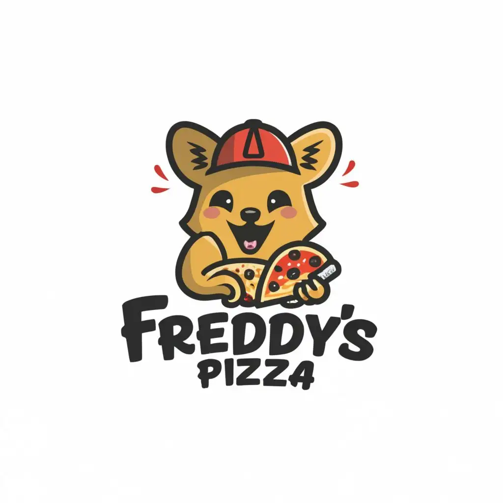 a logo design,with the text "Freddy's PIZZA", main symbol:a happy adolescent quokka with a cap, with a pizza slice and a microphone- A minimalistic design,Minimalistic,be used in Restaurant industry,clear background