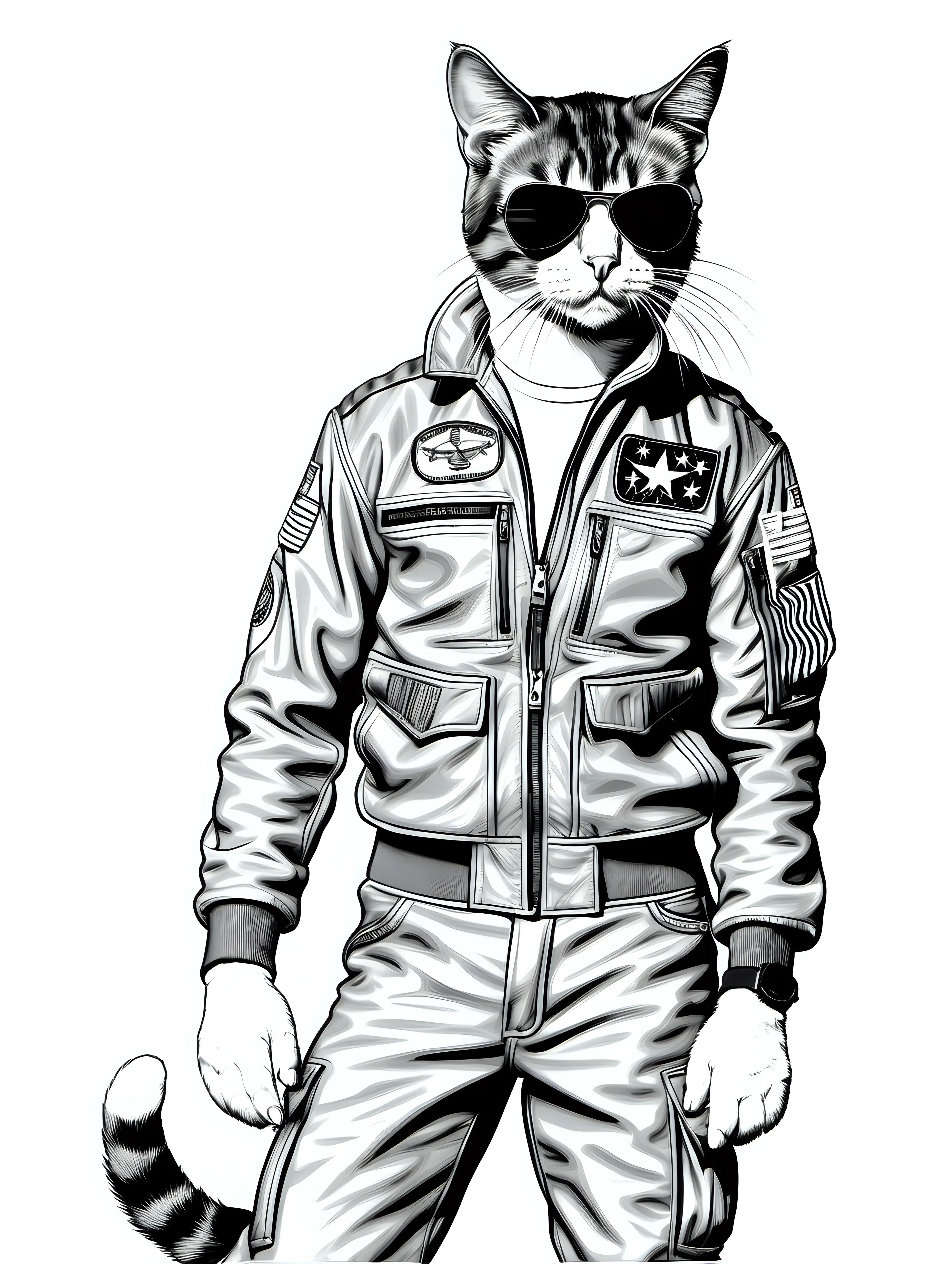 adult coloring page, clean black and white, white background, cat as tom cruise in top gun, full body