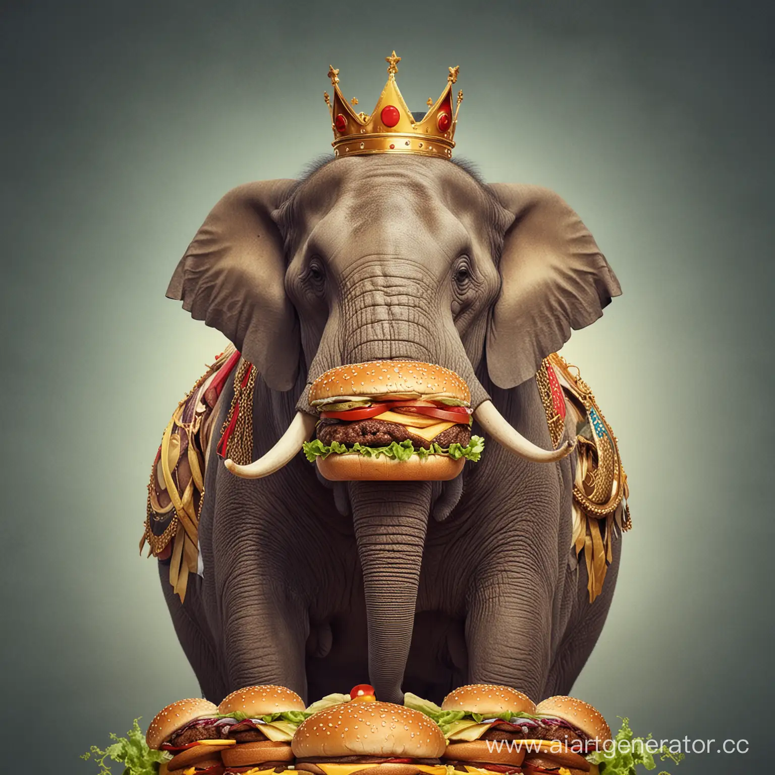 Big elephant king with hamburger in mouth