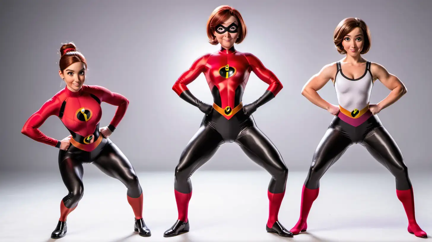 Elastigirl and Invisigirl do squats with each other. Hands on hips, standing, then butts parallel to the floor.
