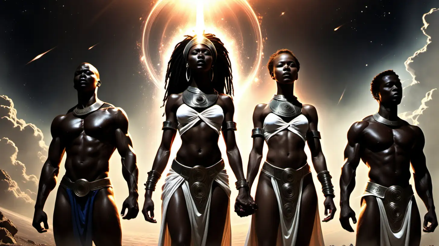 The aftermath, light returning to the universe, SERPHINA young a slim young African warrior women with massive power radiating from her body and different gender allies from around the universe mourning yet hopeful. add two allies a white men and lady in the image. winges flaring and all people have clothing