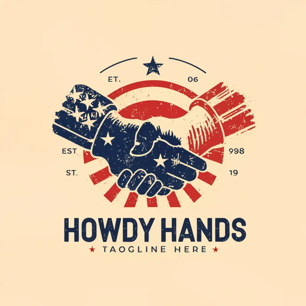 a logo design,with the text "Howdy Hands", main symbol: a circle realistic looking handshake with a spray paint can in the background with an american flag design,complex,be used in Construction industry,clear background