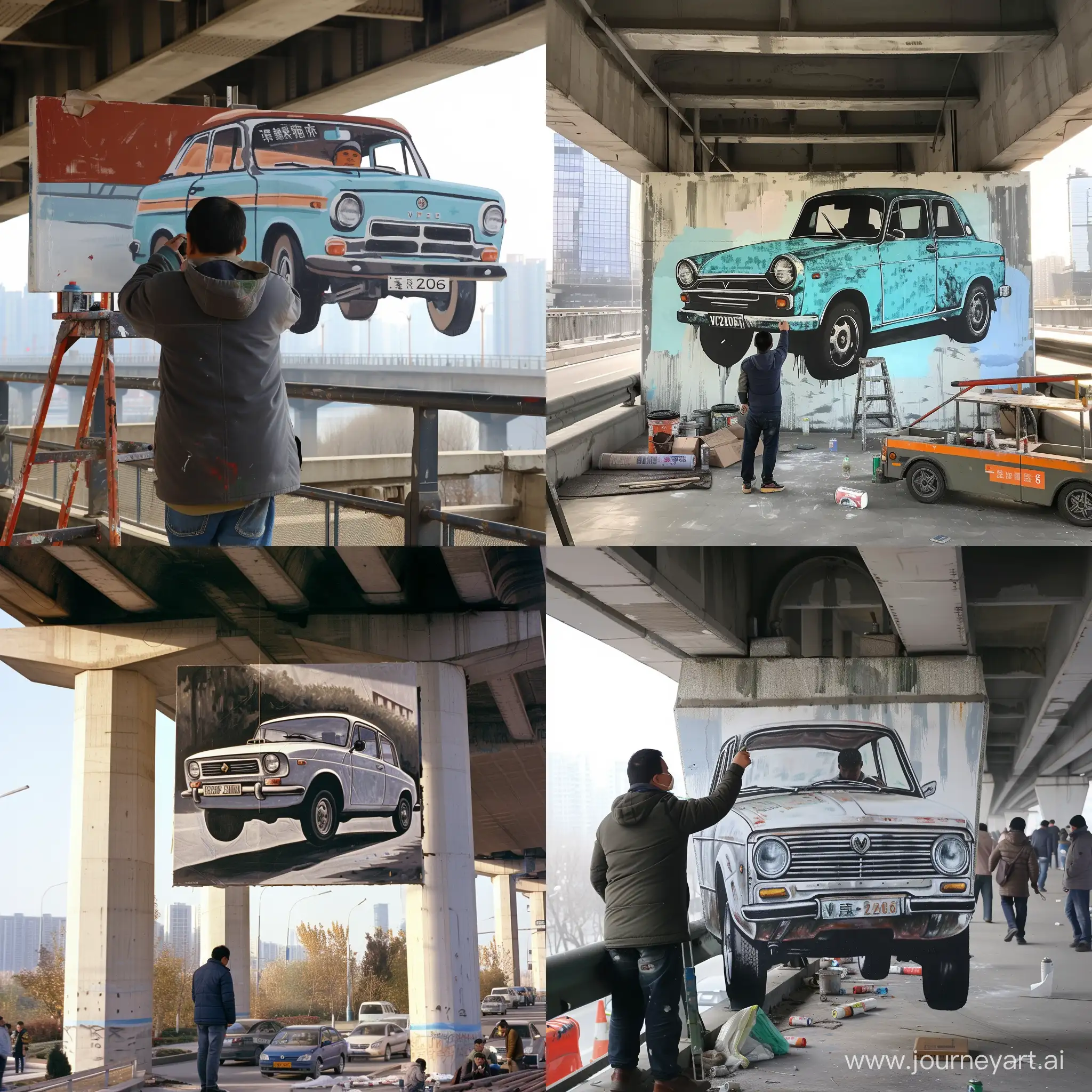 Auto-Painter-Creating-VAZ-2106-Artwork-on-Beijing-Viaduct
