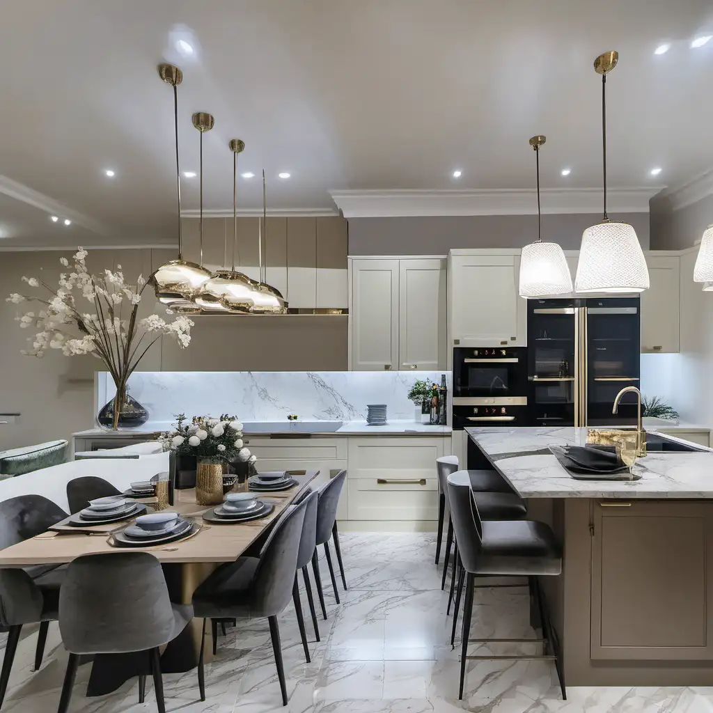 Kitchen with waterfall island and barstools, brown marble worktops and floor tiles and dining space, shaker style cabinets in beige gold hardware.