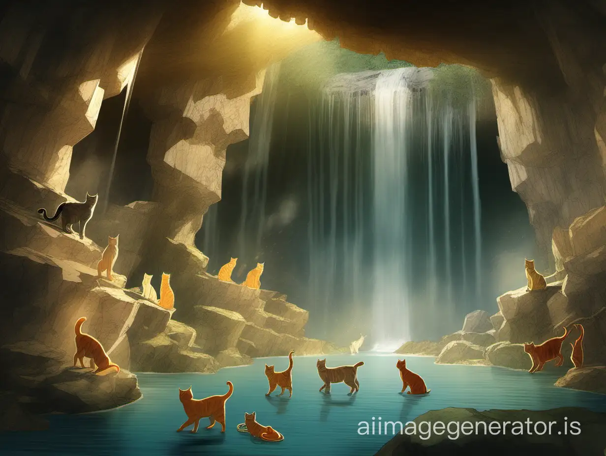 1. Сцена с внешним видом пещеры В Высоких Скалах за водопадом, показывающая потрясающую красоту окружающего пейзажа. Вода падает с высоты, образуя водную завесу, а в центре водопада находится тропинка, ведущая к входу в пещеру. Клан Падающей Воды, состоящий из котов-рыболовов, собран на входе. Возможно, они могут быть изображены в движении или рассматривают водопад с почтением и восхищением. Не забудьте отобразить особую связь клана с водой и энергию места.
 
2. Клан Падающей Воды, встречающий рассвет на высоких скалах. Изображение может показать котов, собранных вокруг костра, когда солнце только начинает подниматься над горизонтом. Вся дина опьяняющих красок рассвета отражается на воде пещеры, создавая волшебную атмосферу.

3. Зрелищный момент охоты клана Падающей Воды. Изображение может показать водоплавающих добычу, когда они пытаются поймать рыбу. Коты могут быть изображены в разных позах - бросающихся в воду, ловящих рыбу своими когтями или плывущих по течению с головой из воды.

4. Внутренний вид пещеры в Клане Падающей Воды, показывающий их жилые помещения и особенности. Коты могут быть изображены в различных сценах - когда они отдыхают, играют или разговаривают друг с другом. Важно передать атмосферу уюта и безопасности, которую пещера предоставляет клану.
