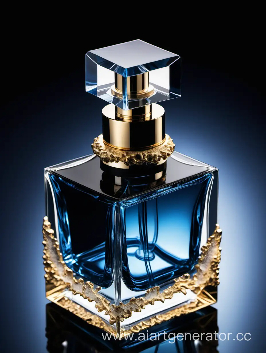 a crystal clear perfume bottle made of blue ,black and gold
transparent