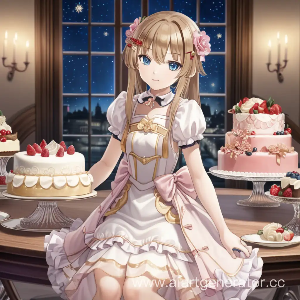 Anime-Girl-with-Cake-on-Festive-Table-in-Beautiful-Dress